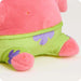 Close-up of a colorful plush toy with pink top and green body on a white background