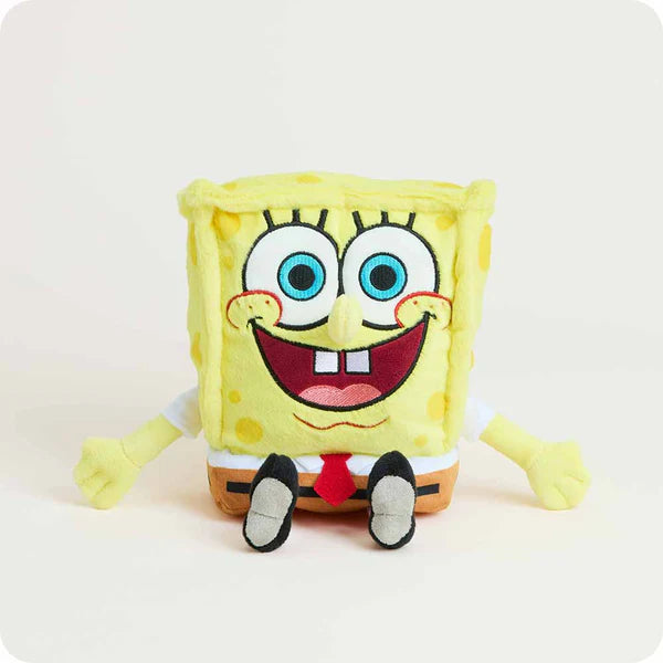 Plush toy of a cartoon character with a yellow sponge-like body on a light gray background