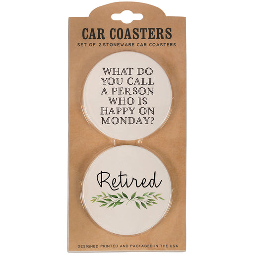 Packaged car coasters with humorous designs and text.