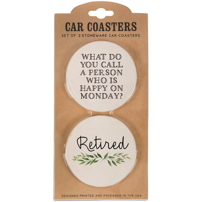 Packaged car coasters with humorous designs and text.