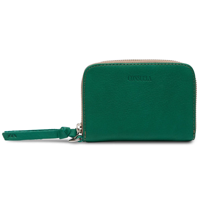Green wallet with a strap on a white background