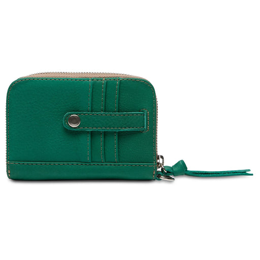 Green wallet with a strap on a white background
