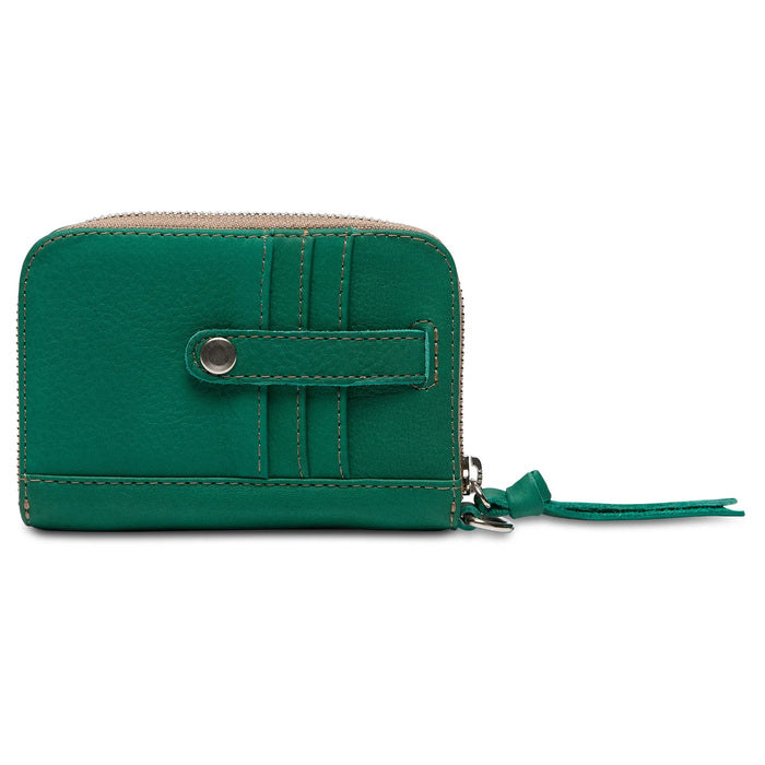 Green wallet with a strap on a white background