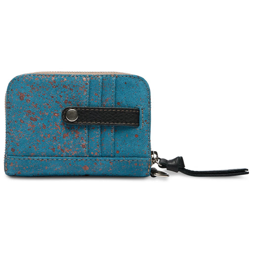 Blue textured wallet with a black strap on a white background