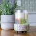 A small ceramic diffuser with a candle on a wooden surface next to a potted plant.