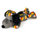 A plush dog toy styled like a gray dog with black ears and nose, covered in orange, yellow, and white candy corn patterns, on a white background.