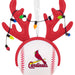 A Christmas ornament shaped like a baseball with red antlers on top, decorated with multicolored string lights, and featuring the St. Louis Cardinals logo on the front.