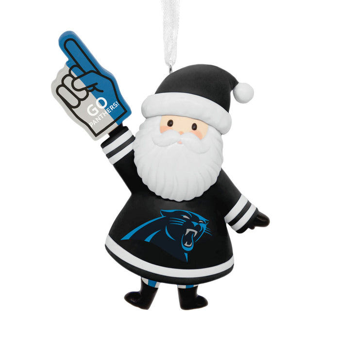 A Carolina Panthers Santa Claus hanging ornament wearing a black jersey with the team logo, holding a blue foam finger, on a white background.