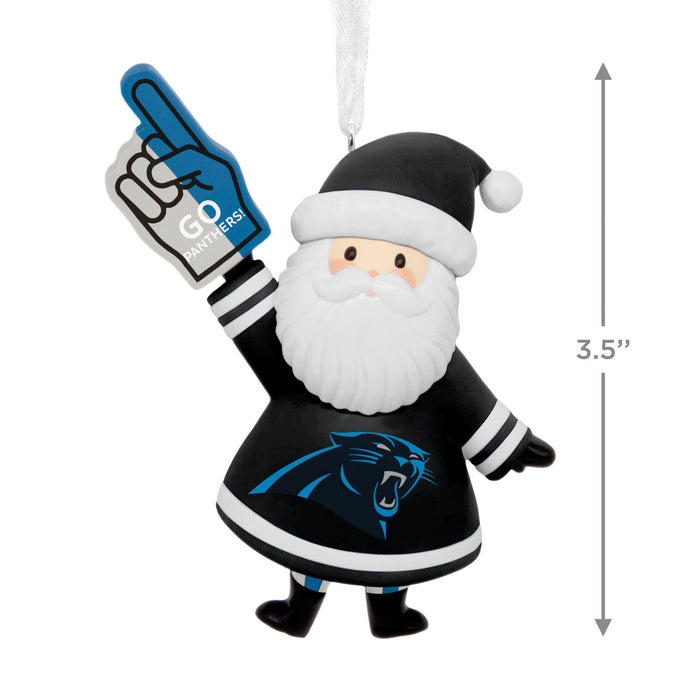 A Carolina Panthers-themed Santa Claus ornament with a blue foam finger, shown on a white background with a 3.5-inch height measurement marker.