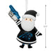 A Carolina Panthers-themed Santa Claus ornament with a blue foam finger, shown on a white background with a 3.5-inch height measurement marker.
