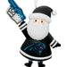 A Carolina Panthers Christmas ornament shaped like Santa Claus in a black and white uniform with the team logo on the chest, holding a blue foam finger that says 'GD PANTHERS!'.