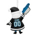 A personalized Christmas ornament shaped like Santa Claus from behind, wearing a black hockey jersey with the name 'CLAUS' and number '00' in light blue, a black Santa hat with white trim, and holding a blue and white foam finger.