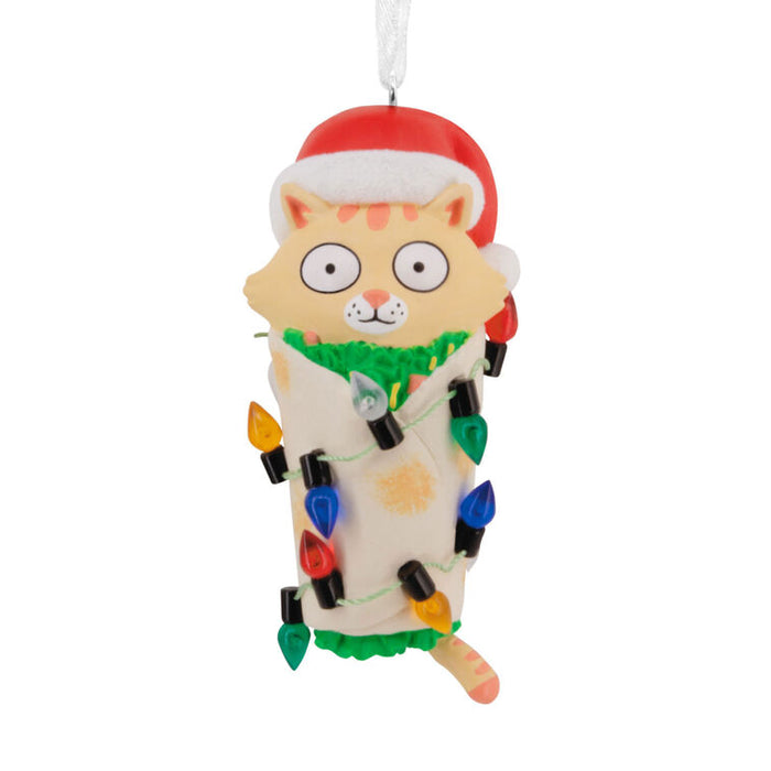 Cat Christmas ornament with Santa hat and lights on a white background