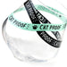 Clear glass bowl with multiple 'CAT PROOF' labels on a white background