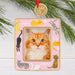 Cat-themed decorative ornament with a pink frame featuring a cat's face, surrounded by small cat illustrations on a white background.