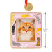 Pink photo frame with cat illustrations and a gold paw print charm, featuring a cat's face inside.