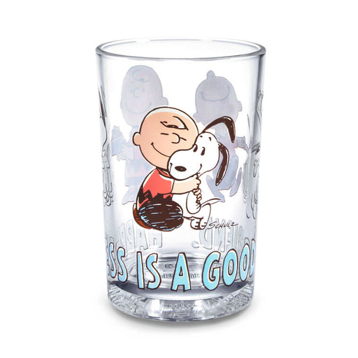 Clear glass with cartoon characters and text on a white background