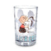 Clear glass with cartoon characters and text on a white background