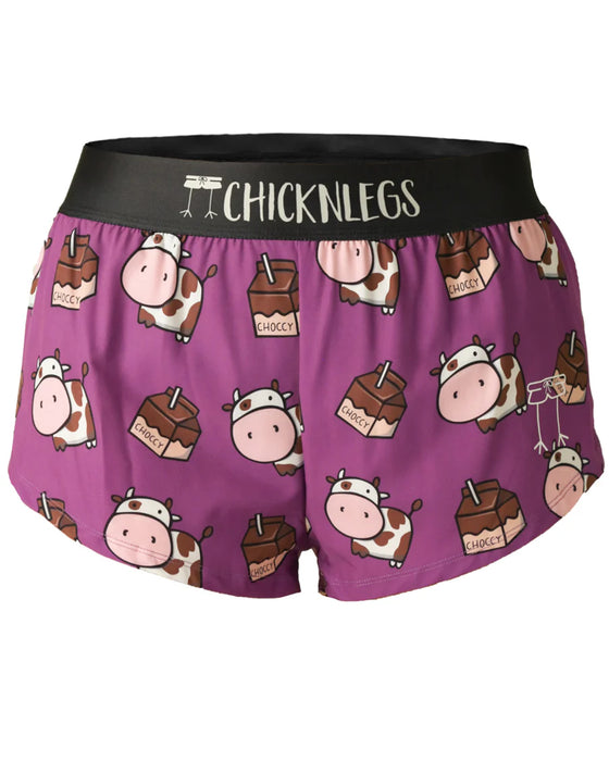 Purple boxer briefs with cow and ice cream pattern and 'CHICKNLEGS' branding on a white background