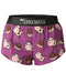 Purple boxer briefs with cow and ice cream pattern and 'CHICKNLEGS' branding on a white background
