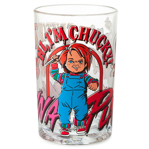 A clear glass tumbler featuring a printed graphic of Chucky with the text 'I'M CHUCKY!' in red, shown on a plain white background.