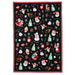 Christmas-themed tea towel with festive designs on a black background