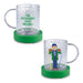 Two clear mugs with green bases featuring Christmas-themed designs on a white background.