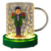 Clear mug with cartoon character design on a green base