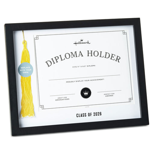 Black diploma holder with yellow tassel and Hallmark branding on a white background