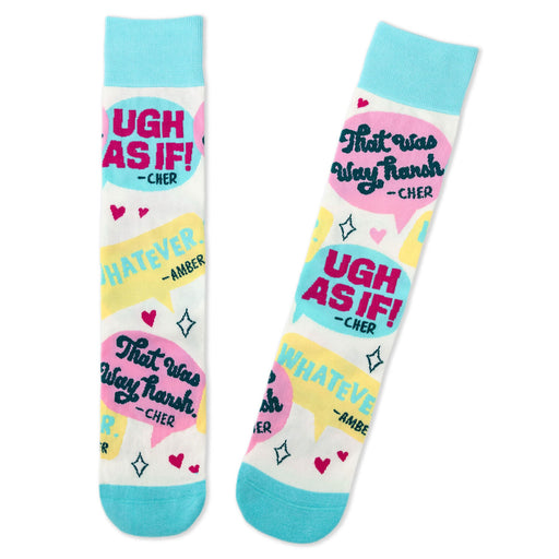 Colorful socks with text and graphics on a white background