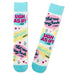 Colorful socks with text and graphics on a white background