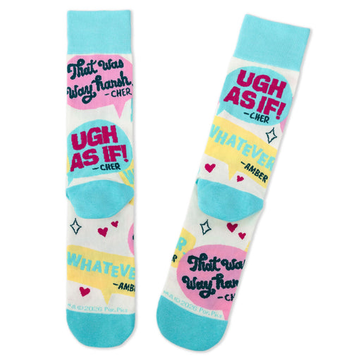 Colorful socks with text and designs on a white background