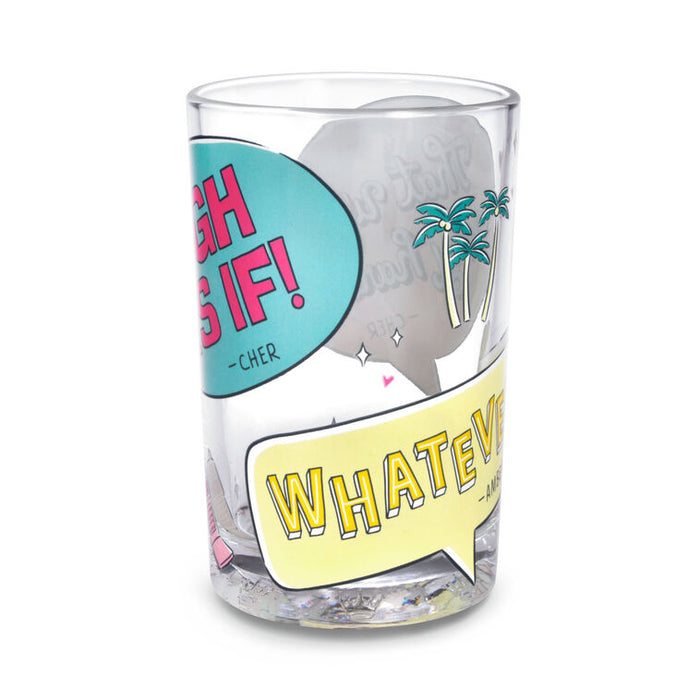 Clear glass with colorful text and graphics on a white background