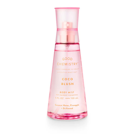Pink body mist bottle labeled 'Coco Blush' by Good Chemistry on a white background