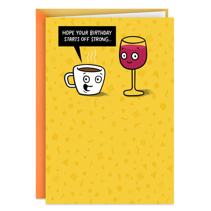 Greeting card with cartoon coffee cup and wine glass on a yellow background