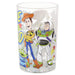 A clear plastic tumbler featuring a colorful printed graphic of Woody, Buzz Lightyear, and Alien from Toy Story on a white background.