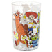 A clear glass tumbler featuring a colorful printed design of Toy Story characters, including Woody, Buzz Lightyear, and Jessie, on a white background.