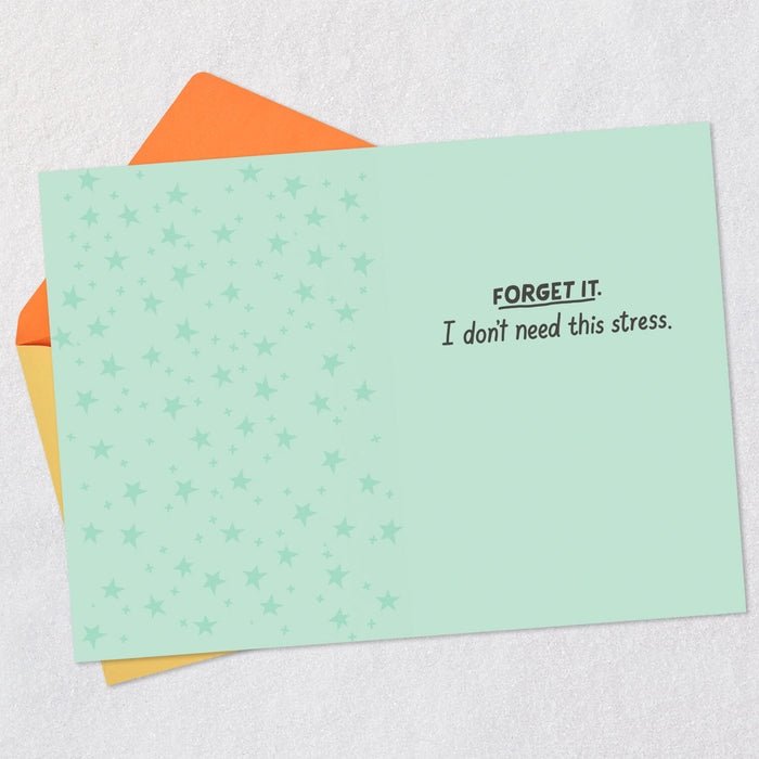 Mint green card with text 'FORGET IT. I don't need this stress.' on a textured white background.