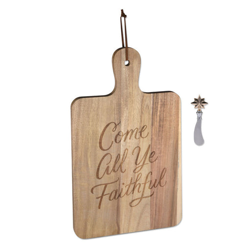 Wooden cutting board with 'Come All Ye Faithful' engraving and a silver knife on a white background