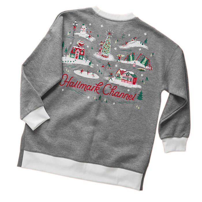 Gray sweatshirt with Christmas-themed design and 'Hallmark Channel' text on a white background