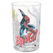 A clear glass tumbler featuring a Spider-Man graphic with comic-style text including 'BANG!' on a white background.