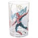 A clear glass tumbler featuring a printed graphic of Spider-Man in his classic red and blue suit, with the word 'WOOSH!' in stylized comic lettering.