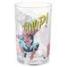 A clear glass drinking tumbler featuring a Spider-Man comic print with the word 'THWIP!' in bold yellow letters.