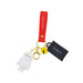 Keychain with lock charm, white figure, and red strap on a white background