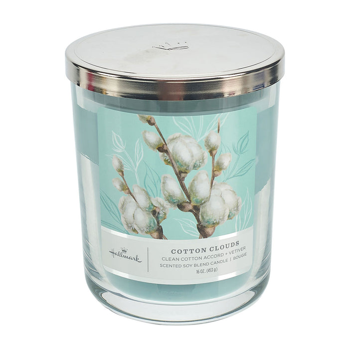 Candle jar with cotton cloud design and Hallmark branding on a white background
