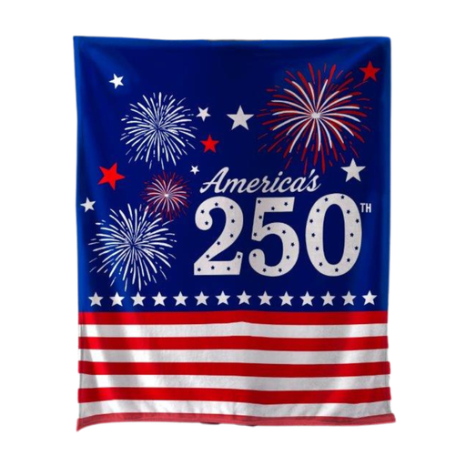 Festive blanket with American flag design and 'America's 250th' text on a blue background.