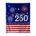 Festive blanket with American flag design and 'America's 250th' text on a blue background.