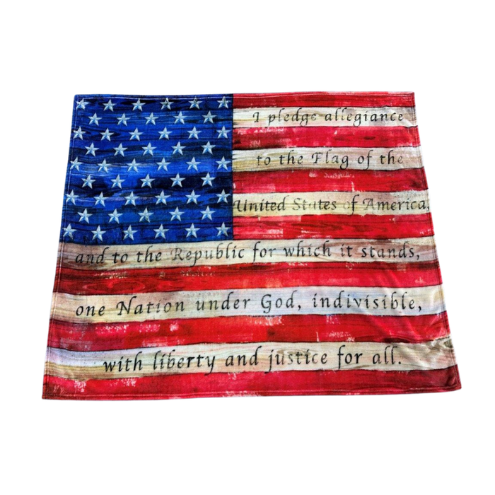 American flag design with the Pledge of Allegiance text on a white background