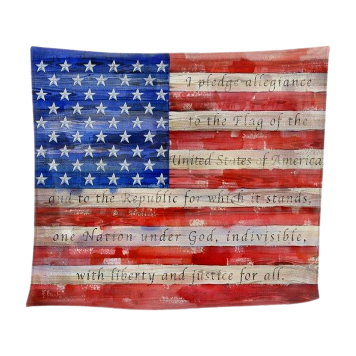 American flag with the Pledge of Allegiance printed on it