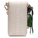 Beige textured pouch with keychain and strap on a white background